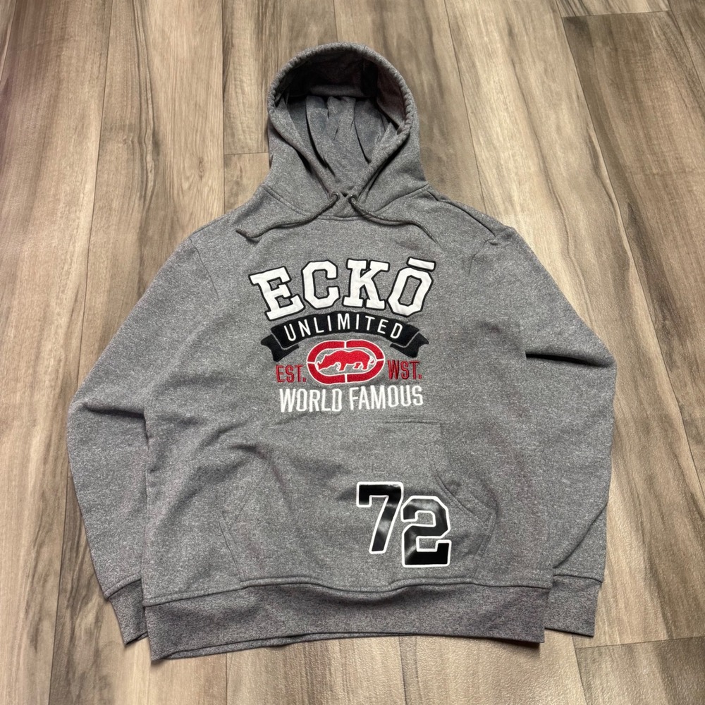 Ecko Unltd Mens Gray Graphic Hoodie Rhino Logo World Famous Size Medium